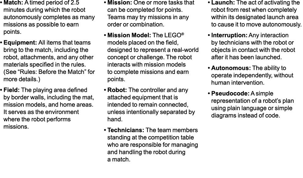 • Match: A timed period of 2.5 minutes during which the robot autonomously completes as many missions as possible to ...