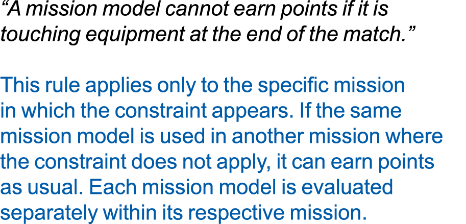 “A mission model cannot earn points if it is touching equipment at the end of the match.” This rule applies only to t...