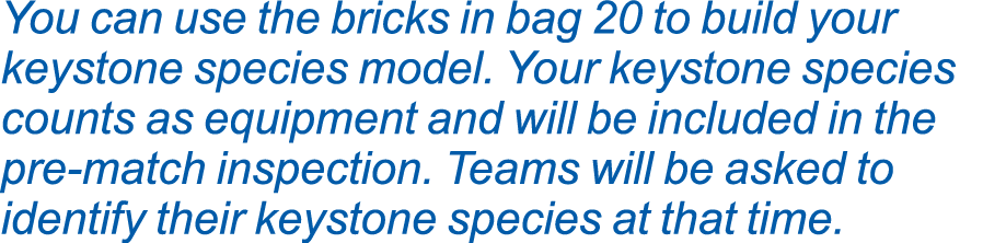You can use the bricks in bag 20 to build your keystone species model. Your keystone species counts as equipment and ...